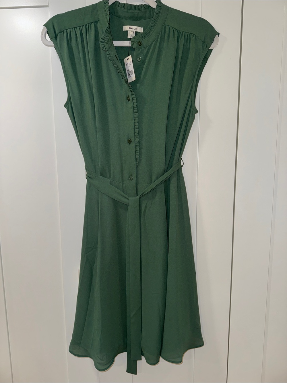 RW&CO. Sage Green Ruffle Neck Sleeveless Midi Dress